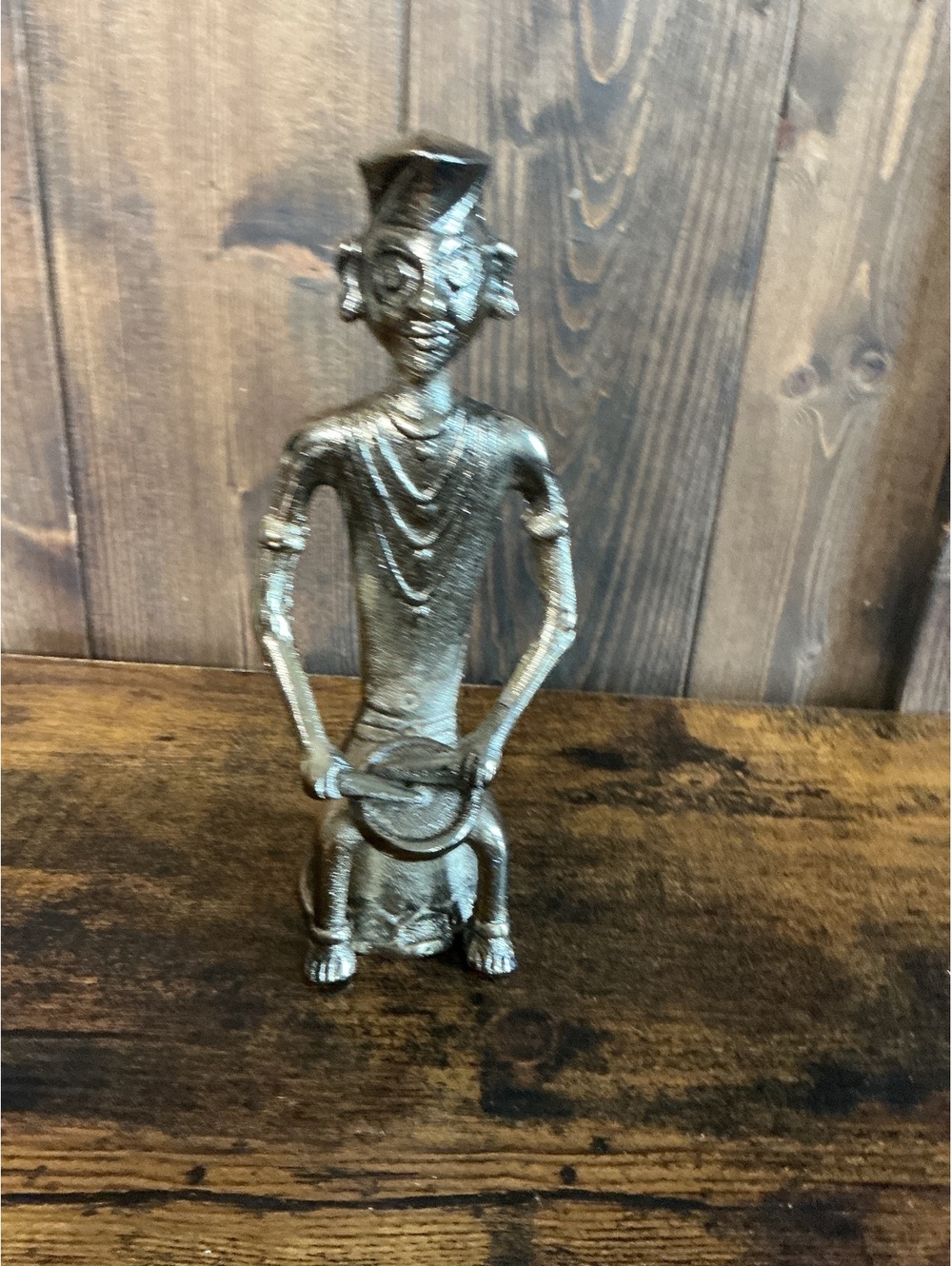 Vintage Tribal Brass Figurine Sculpture - Seated Male Figure with Traditional Ad